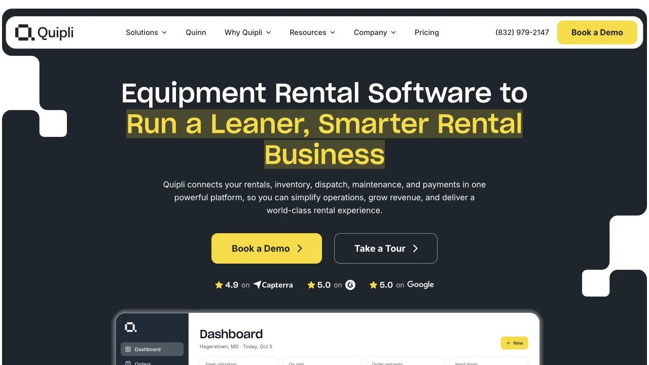 Quipli official website showing its rental software positioning