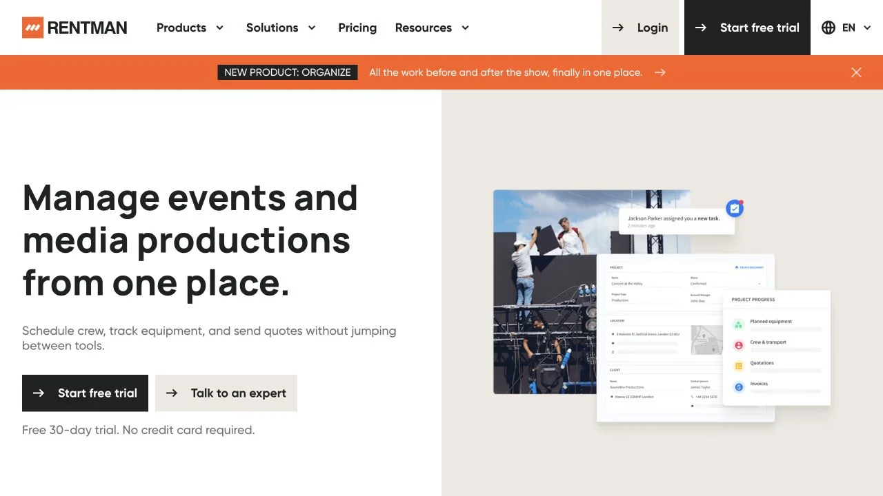 Rentman official website showing its rental software positioning