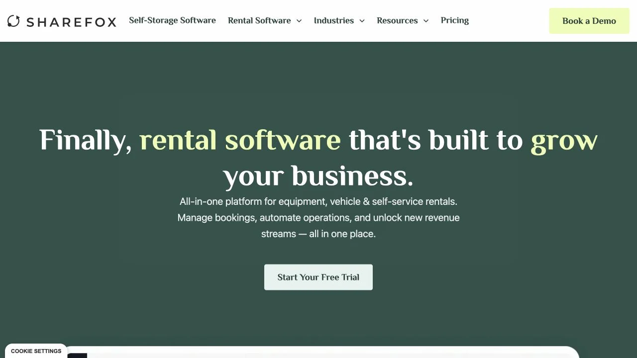 Sharefox official website showing its rental software positioning