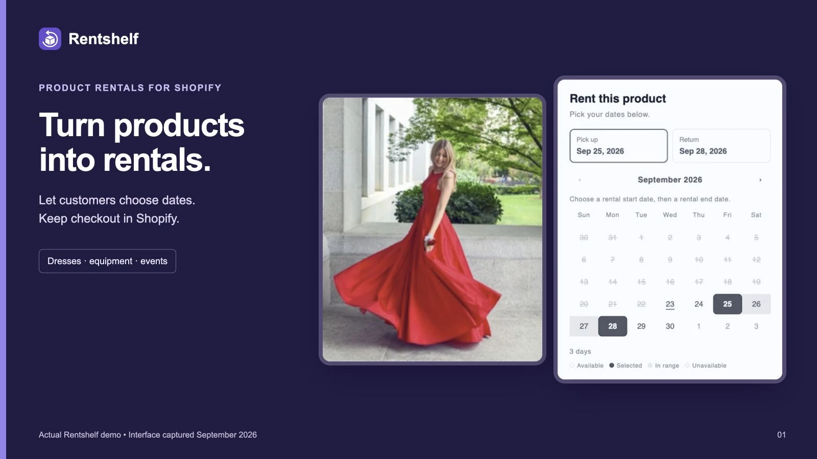 Actual dress rental demo: customers select pickup and return dates on Shopify