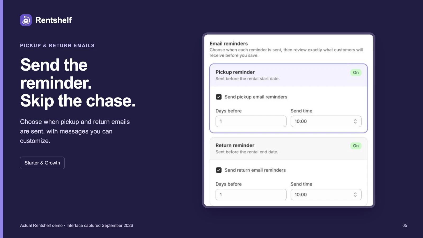 Pickup and return reminder timing settings, available on Starter and Growth