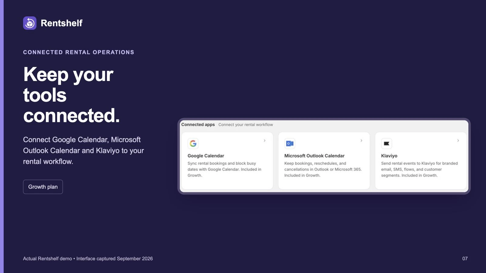 Google Calendar, Microsoft Outlook Calendar and Klaviyo settings on Growth