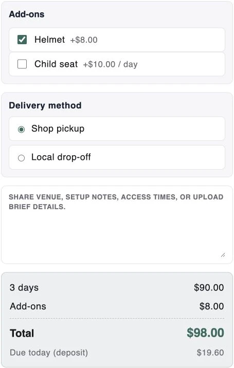 Customers select add-ons and a delivery method, then see the rental total and deposit due today