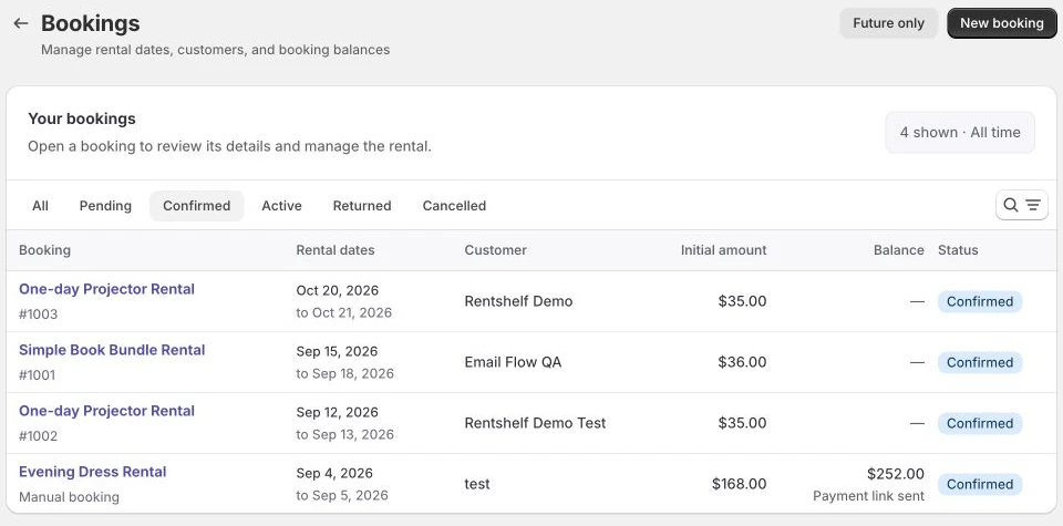 Rentshelf bookings table with rental dates, customers, initial amounts, balances and booking statuses