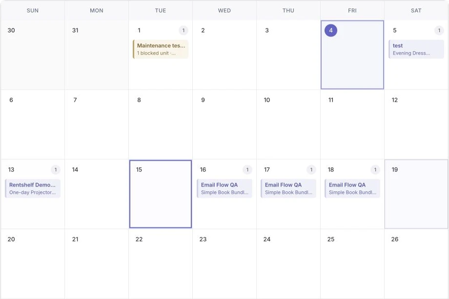 Actual Rentshelf calendar displaying rental bookings and a maintenance blackout