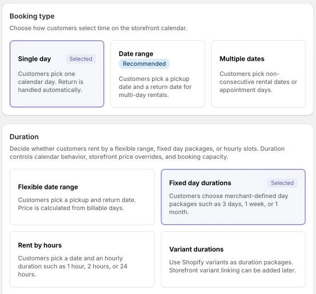 Rentshelf product settings with booking types and duration options