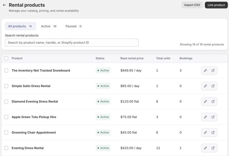 Actual Rentshelf rental catalog showing products, prices, available units and bookings